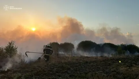 На Калущині рятувальники ліквідовують пожежу сухої трави біля села Рівня